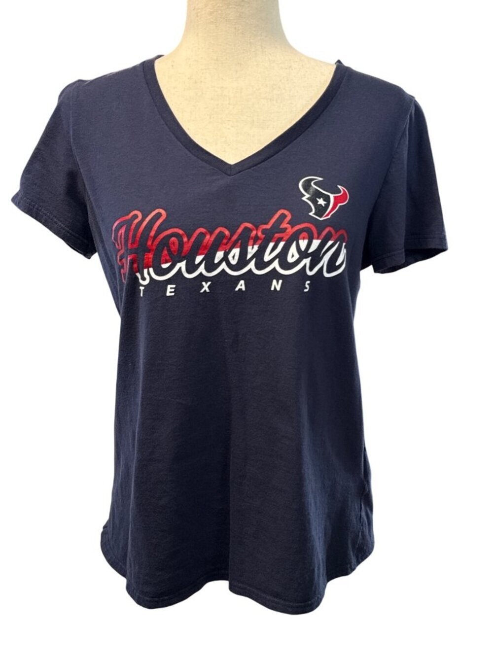 NFL Houston Texans Womens V-Neck Tee Shirt~Size M~Blue Red Football Logo L3 37